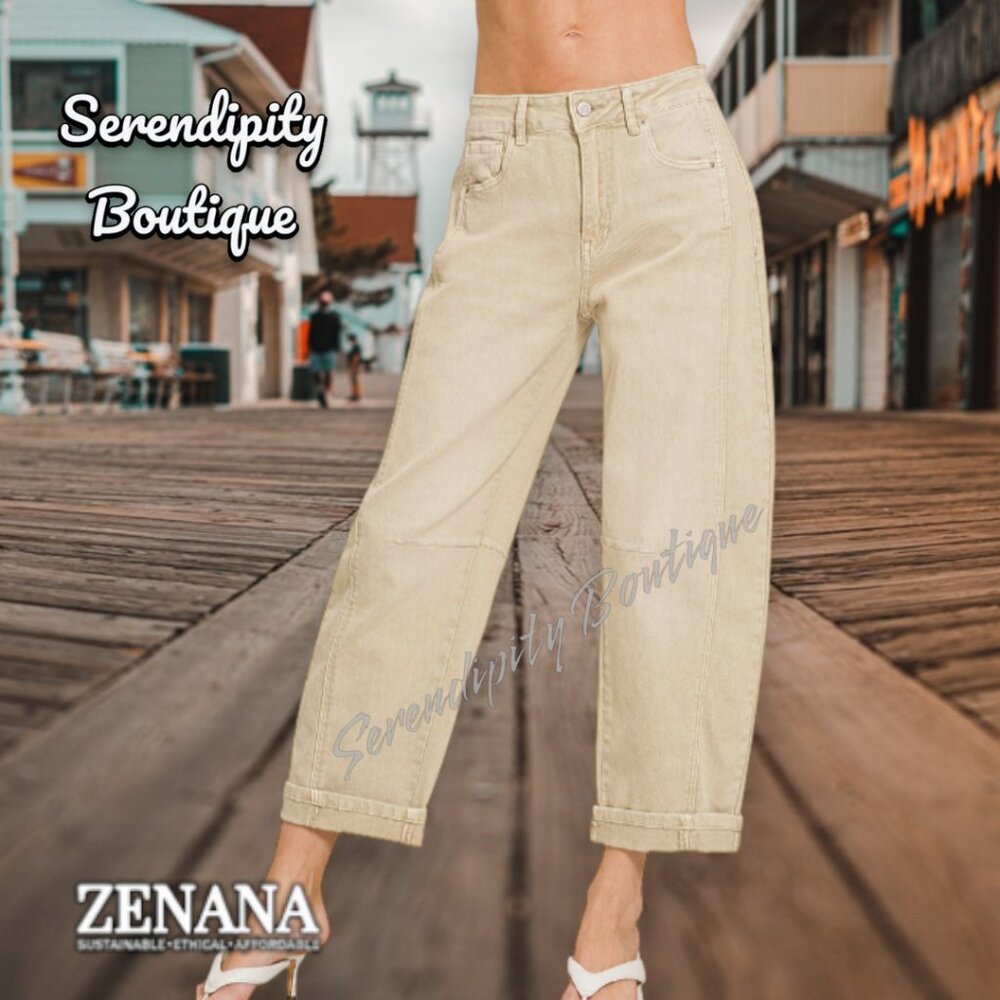 Zenana Barrel Leg Scandi Light Khaki Denim Tapered Fit Crop Jeans